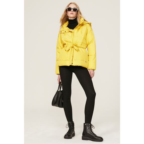 OOF Neon Yellow Nylon 100% Polyester High Neck Tie Front Puffer Coat size 40 - Picture 1 of 16
